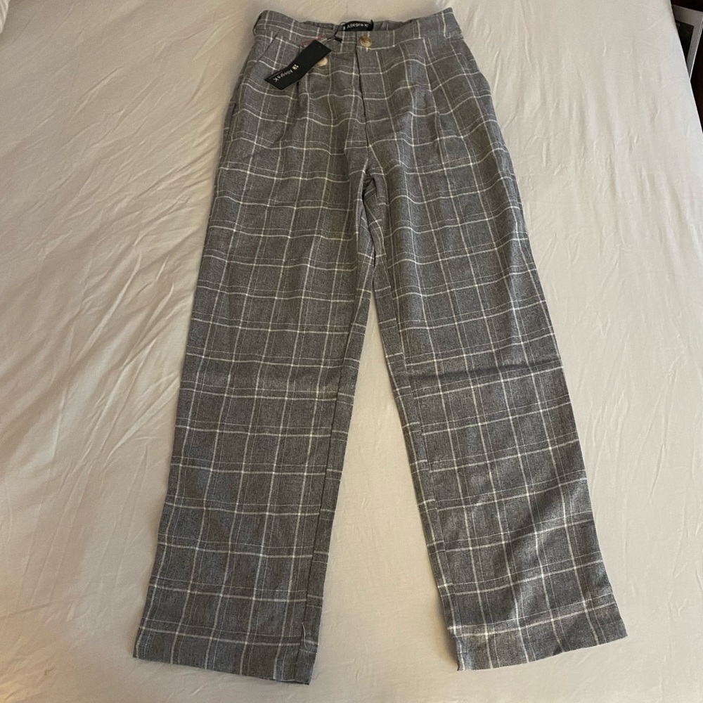 NWT Allegra K Light Heather Grey High Rise Pleated White Plaid Pants